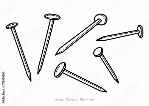 A collection of six hand-drawn nails scattered on a white surface, depicted in a simple, outlined style.