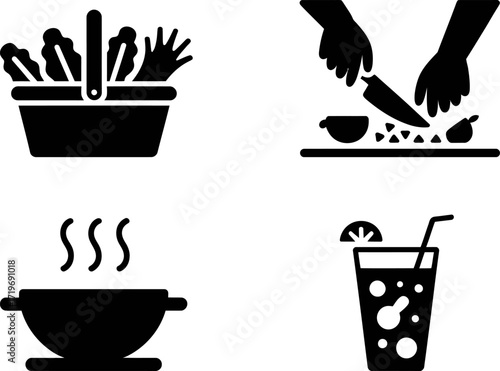 Culinary journey: fresh ingredients, preparation, cooking, and a refreshing drink.