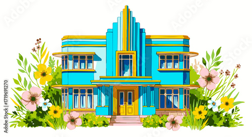 Art Deco style house surrounded by vibrant flowers and lush greenery in a serene garden scene