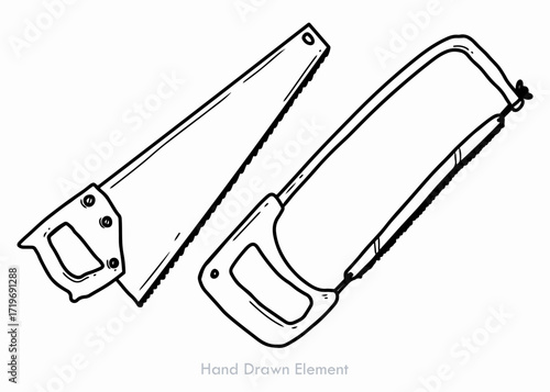 Two different types of saws, hand-drawn, simple outline illustration, for woodworking or crafting.