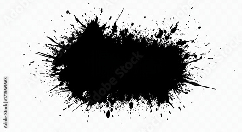 Black ink blot with splatters and drips on a white background creating an abstract design effect art