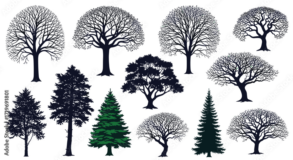 Fototapeta premium A collection of diverse tree silhouettes showcasing various shapes and textures for design elements.