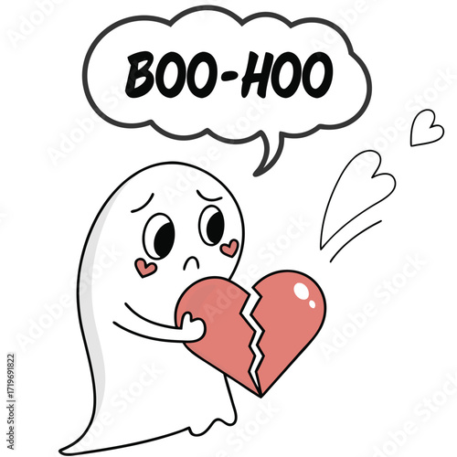 Sad Ghost Holding Broken Heart with Boo Hoo Speech Bubble