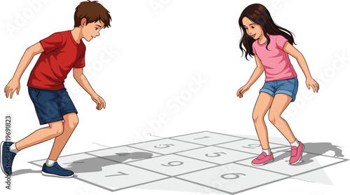 Cartoon boy and girl playing hopscotch game, outdoor playground activity, childhood fun, kids entertainment, leisure time, traditional children game illustration