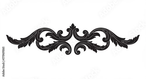 Ornamental flourish design with symmetrical swirls and leaves in black and white elegant decoration style