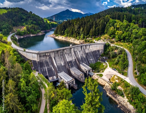 Aerial view of a dam nestled in a lush valley