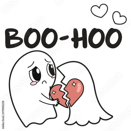 Sad Ghost Holding Broken Heart with Boo Hoo Text crying