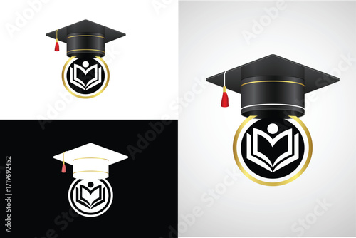 Modern education logo design featuring graduation cap with abstract circle and book icon, academic achievement symbol for university, school, online learning, training institute, and educational brand