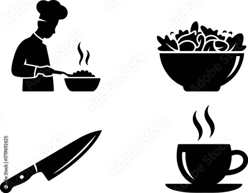 Chef preparing food with fresh ingredients and hot beverage