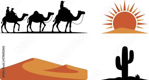 Silhouettes of people riding camels across a desert landscape at sunset, with a stylized sun and cactus.