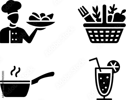 Culinary icons: chef with food, produce basket, cooking pan, and refreshing drink.