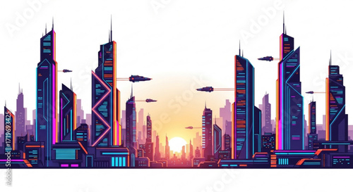 Futuristic city with flying vehicles at sunset a vibrant cityscape with advanced technology and colorful lights