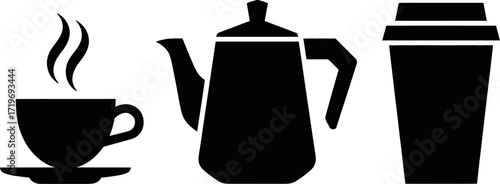 Steaming coffee cup, coffee pot, and to-go cup icons on white background