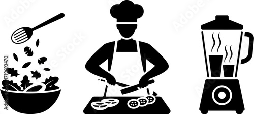 Chef prepares fresh ingredients for healthy meal, blending ingredients for a delicious recipe.