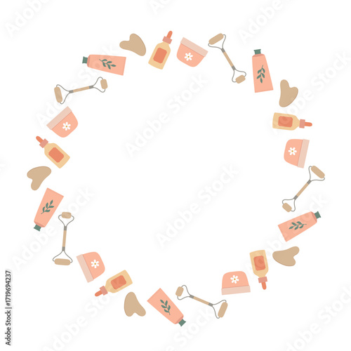 Circle frame with different skincare products. Design element for print, banner, poster, flyer, cover. Natural organic cosmetic product concept.