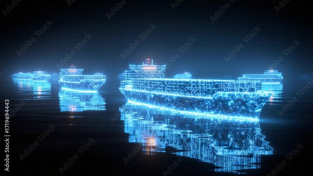 Futuristic digital fleet of glowing blue cargo ships formed from particles sailing a dark sea, representing global logistics, smart maritime transport and data driven supply chains