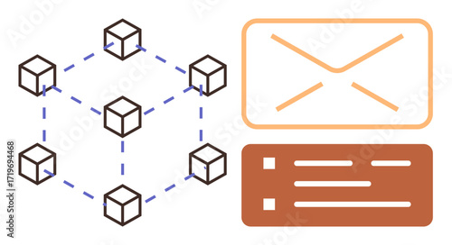 Blockchain nodes interconnected with dotted lines alongside an envelope and checklist. Ideal for technology, blockchain, communication, email, connection, networking, innovation. Simple flat metaphor