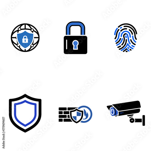 Cybersecurity and data protection icon set in a bold blue and black color scheme, featuring a padlock, firewall, and fingerprint scanner for online safety and digital privacy.
