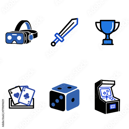 Gaming and entertainment icon set in a bold blue and black color scheme, featuring a VR headset, sword, trophy, and arcade machine for a variety of recreational themes.
