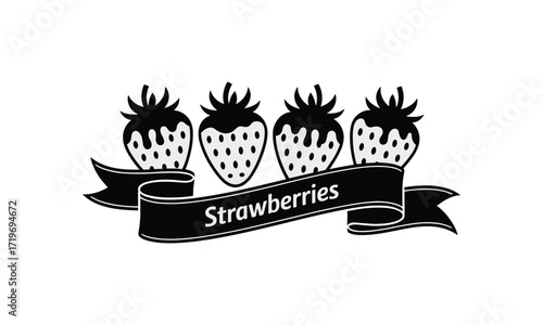 Four black and white strawberries with a banner strawberry
