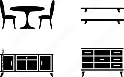 Collection of simple black and white furniture icons for interior design