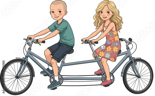 Cartoon boy and girl riding tandem bicycle, happy children cycling together, outdoor fun, teamwork, sports activity, summer illustration, healthy lifestyle, play