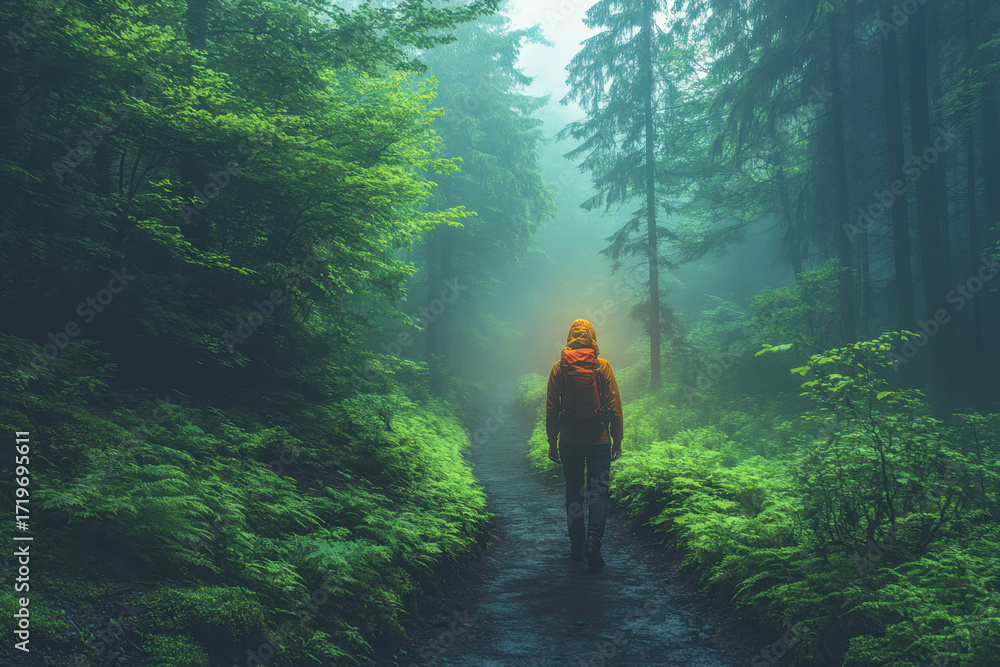 Fototapeta premium Person walking down a forest trail.