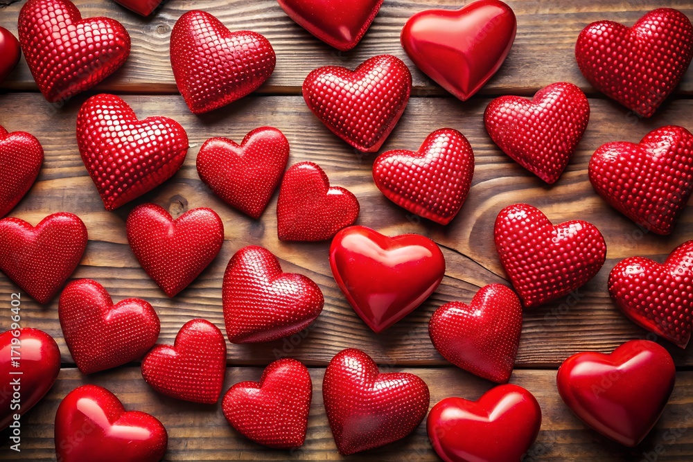Fototapeta premium Assortment of Red Hearts on Wooden Surface love valentine