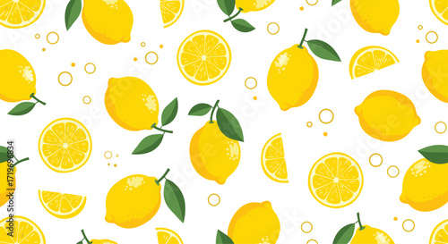 A bright and cheerful pattern featuring sliced and whole lemons and their leaves.