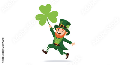 A happy leprechaun holding a large shamrock in celebration of Saint Patrick's Day.