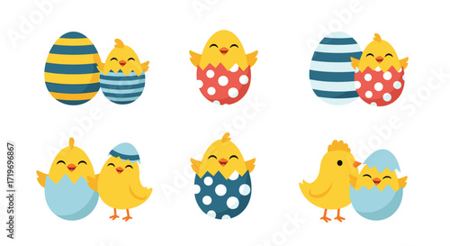 Cute chicks with colorful easter eggs celebrating springtime fun.