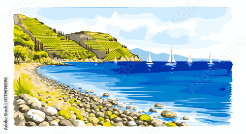 Rugged coastline with rocky shoreline, sailboats on calm waters, and a lush green hillside under a serene sky