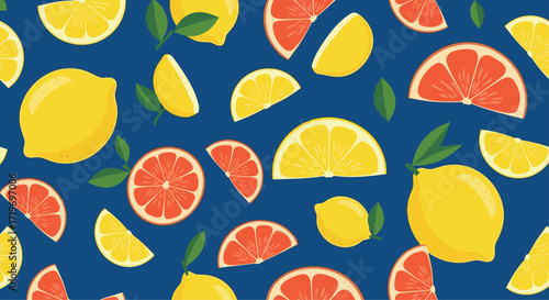 Vibrant citrus fruits including lemons and grapefruits scattered across a deep blue background.