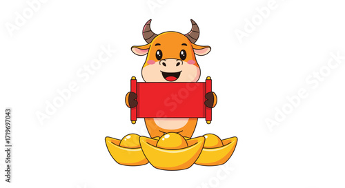 Lucky cartoon ox holding a red scroll with gold ingots.
