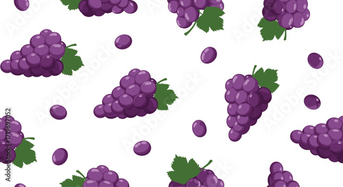 A delightful pattern of purple grapes with green leaves on a white background.