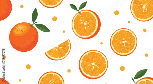 Abstract seamless pattern with juicy oranges and citrus slices.