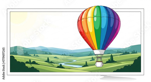 A colorful hot air balloon floats over a green valley landscape, creating a scenic view