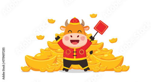 Happy chinese new year of the ox with a cute bull holding a red sign surrounded by gold ingots.