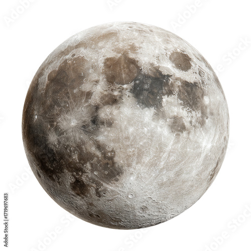 Full moon with crater details. Isolated white background. Png format