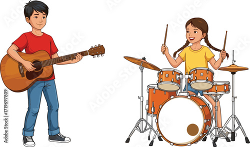 Cartoon boy playing guitar, girl playing drums, children making music, fun performance, happy kids illustration, musical education, cartoon band artwork