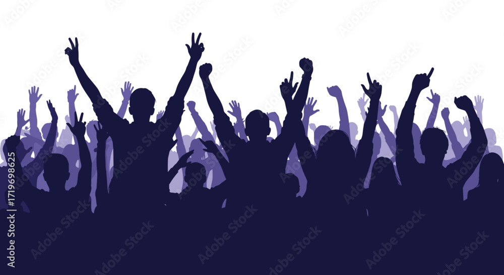 Obraz premium Excited crowd cheering and raising hands in celebration at a concert or event.