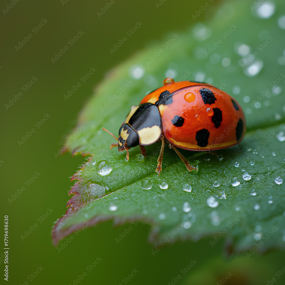 Fototapeta premium close-up macro photograph of a ladybug sitting on a leaf after a rainy day. It showcases the intricate details of the insect and its surroundings, highlighting the beauty of nature
