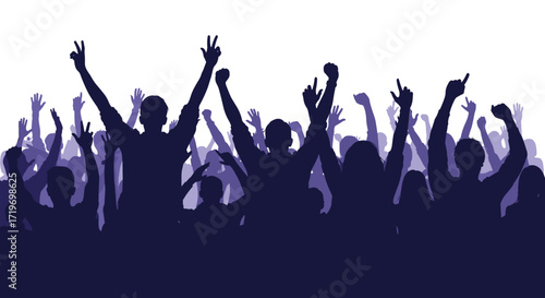Excited crowd cheering and raising hands in celebration at a concert or event.