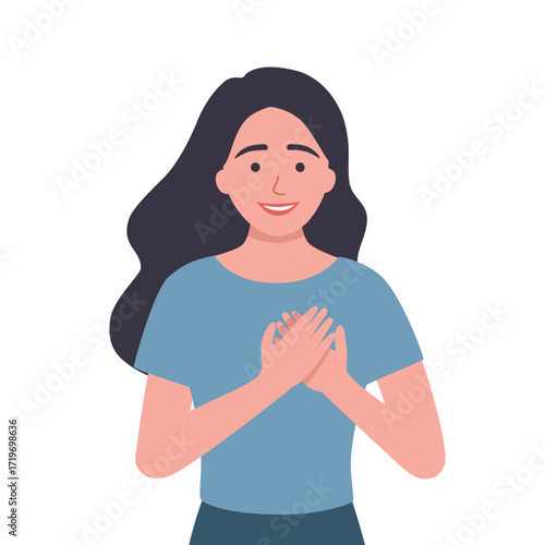 Smiling young woman with hands in prayer ask for forgiveness or beg. Happy girl feel hopeful and joyful praying. Faith and belief. Vector illustration.