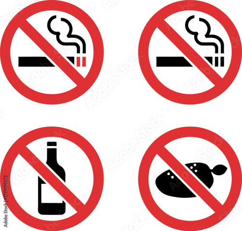 Set of prohibition signs: no smoking, no alcohol, no food, indicating rules and restrictions.