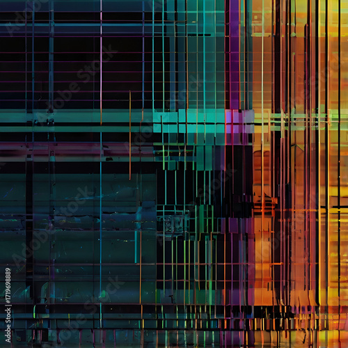 • Abstract glitch static pattern, colorful VHS interference, broken CRT texture, vintage television noise