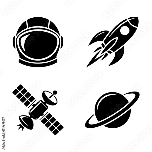 Astronaut helmet, rocket ship, satellite, and planet with rings silhouette icons vector illustration