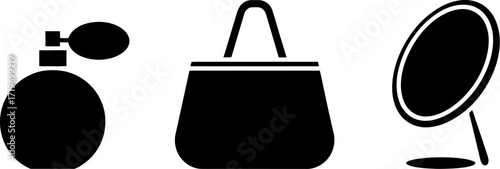 Elegant perfume bottle, stylish handbag, and vanity mirror icons symbolizing beauty and fashion essentials