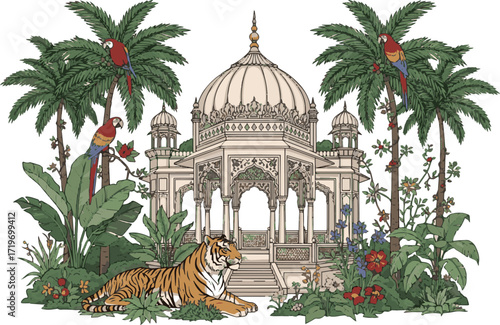 Create a Mughal forest wallpaper illustration with pavilion dome tiger parrot palm trees and tropical plants for print vector art with white background.