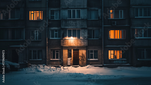Soviet-style apartment block at night with glowing windows and snow-covered ground in cold winter atmosphere.
